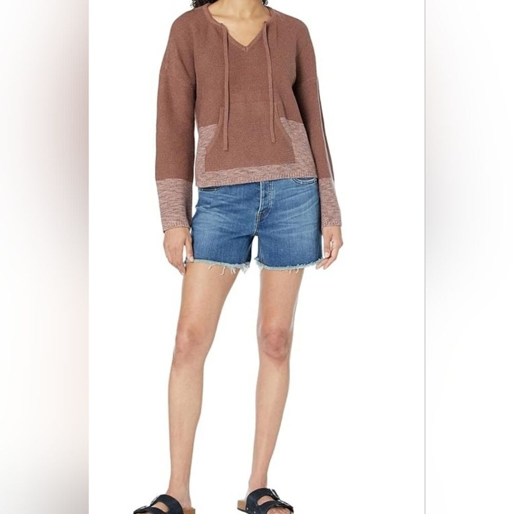 PrAna L Brown Crystal Beach Boho Bell Sleeve V-neck Knit Pocket Women's Sweater